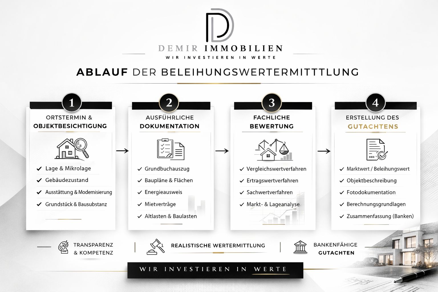 Ablauf der Beleihungswertermittlung – Ortstermin, Dokumentation, Bewertung, Gutachten. Demir Immobilien.